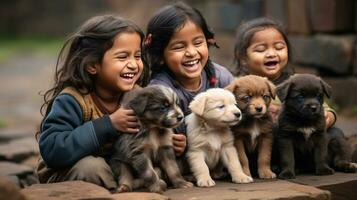 AI generated group of children playing with a litter of adorable puppies, all of them grinning from ear to ear photo