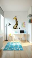 AI generated minimalist children's room with white walls, a wooden floor, and a built-in desk with a black chair photo