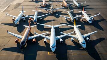 ai generado grupo de aviones estacionado en el pista, visto desde un alto ángulo foto