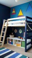 AI generated A fun children's room with a blue accent wall, a wooden loft bed with a ladder photo