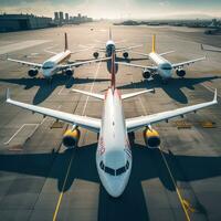 ai generado grupo de aviones estacionado en el pista, visto desde un alto ángulo foto