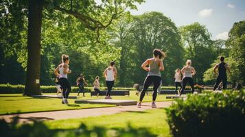 AI generated A group of people doing a bootcamp-style workout together, with a trainer leading the way photo