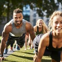 AI generated A group of people doing a bootcamp-style workout together, with a trainer leading the way photo