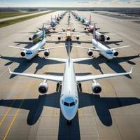 ai generado grupo de aviones estacionado en el pista, visto desde un alto ángulo foto