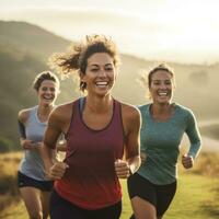 AI generated A group of friends running together outdoors, with smiles on their faces and a scenic background photo