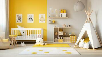 ai generado un genero neutral para niños habitación con un blanco y amarillo color esquema foto