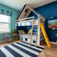 AI generated A fun children's room with a blue accent wall, a wooden loft bed with a ladder photo