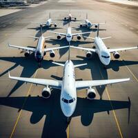 ai generado grupo de aviones estacionado en el pista, visto desde un alto ángulo foto