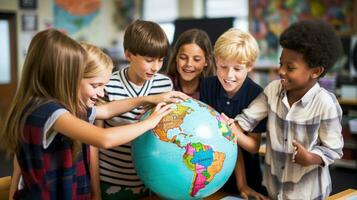 AI generated A group of students standing around a globe, engaged in a geography lesson photo