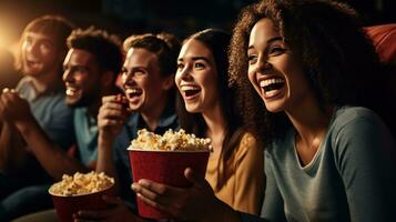 ai generado un grupo de amigos reunido en un en corte sofá, acecho un película y comiendo palomitas de maiz foto