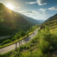 AI generated cyclists riding through a winding mountain road, with a beautiful scenic landscape photo