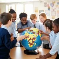 ai generado un grupo de estudiantes en pie alrededor un globo, comprometido en un geografía lección foto