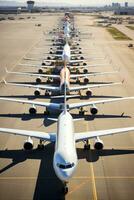 ai generado grupo de aviones estacionado en el pista, visto desde un alto ángulo foto