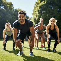 AI generated A group of people doing a bootcamp-style workout together, with a trainer leading the way photo