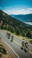 AI generated cyclists riding through a winding mountain road, with a beautiful scenic landscape photo