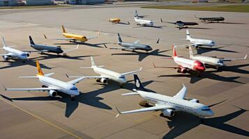 ai generado grupo de aviones estacionado en el pista, visto desde un alto ángulo foto