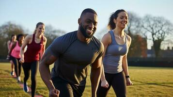 ai generado un grupo de personas haciendo un estilo bootcamp rutina de ejercicio juntos, con un entrenador líder el camino foto