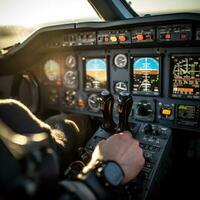 ai generado del piloto mano en el control S de un avión, con el cabina instrumentos visible en el antecedentes foto