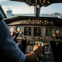 AI generated pilot's hand on the controls of an airplane, with the cockpit instruments visible in the background photo