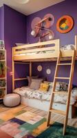 ai generado para niños habitación con un púrpura acento muro, un de madera litera cama con un escalera foto
