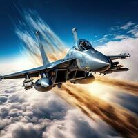 AI generated fighter jet flying at high speed against a blue sky backdrop photo