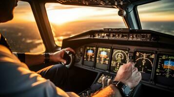 ai generado del piloto mano en el control S de un avión, con el cabina instrumentos visible en el antecedentes foto