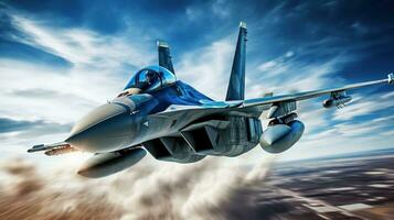 ai generado combatiente chorro volador a alto velocidad en contra un azul cielo fondo foto