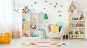 AI generated children's room with a colorful rug, bookshelf with colorful storage bins, a chair and a floor lamp. photo