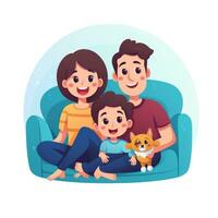 AI generated A family, including a playful toddler, sitting on a cozy couch and enjoying a children cartoon on TV photo