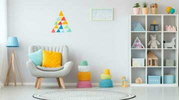 AI generated children's room with a colorful rug, bookshelf with colorful storage bins, a chair and a floor lamp. photo