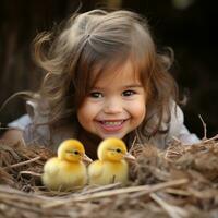 AI generated young girl playing peek-a-boo with a tiny chick, both of them beaming with joy photo
