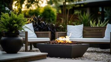 AI generated beautifully designed outdoor patio area with modern furniture, potted plants, and a cozy fire pit. photo