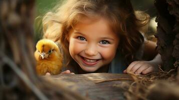 AI generated young girl playing peek-a-boo with a tiny chick, both of them beaming with joy photo