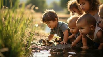 ai generado grupo de niños acecho en temor como un bebé anadón se contonea alrededor, explorador sus alrededores. foto