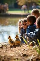 ai generado grupo de niños acecho en temor como un bebé anadón se contonea alrededor, explorador sus alrededores. foto