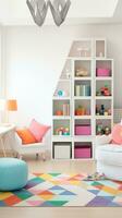 AI generated children's room with a colorful rug, bookshelf with colorful storage bins, a chair and a floor lamp. photo