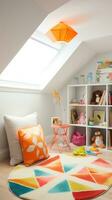 AI generated children's room with a colorful rug, bookshelf with colorful storage bins, a chair and a floor lamp. photo