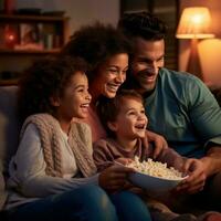 ai generado un familia, incluso un juguetón niño pequeño, sentado en un acogedor sofá y disfrutando un niños dibujos animados en televisión foto