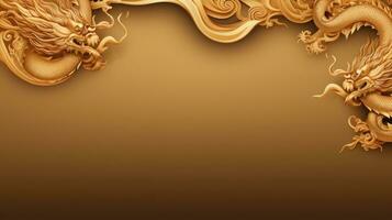 AI generated minimalist chinese background with gold dragon and national ornament large copyspace area. photo