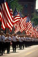 AI generated A lively shot of a parade with marching bands, floats, and spectators waving American flags photo