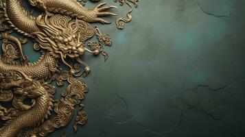 AI generated minimalist chinese background with gold dragon and national ornament large copyspace area. photo