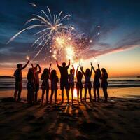 ai generado un festivo imagen de personas reunido en un playa con bengalas foto
