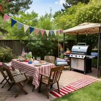 ai generado un divertido y casual foto de un familia barbacoa con americano banderas y verderón decorando el patio interior