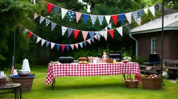 ai generado un divertido y casual foto de un familia barbacoa con americano banderas y verderón decorando el patio interior