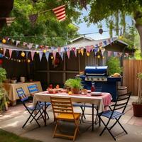 ai generado un divertido y casual foto de un familia barbacoa con americano banderas y verderón decorando el patio interior