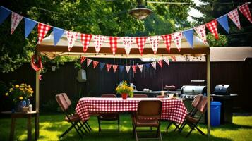 ai generado un divertido y casual foto de un familia barbacoa con americano banderas y verderón decorando el patio interior