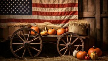 AI generated A rustic image of a wagon filled with pumpkins and hay bales with an American flag draped over them photo