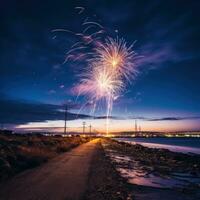 AI generated An artistic photo of fireworks with a long exposure, creating a beautiful trail of lights in the sky.