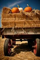 AI generated A rustic image of a wagon filled with pumpkins and hay bales with an American flag draped over them photo