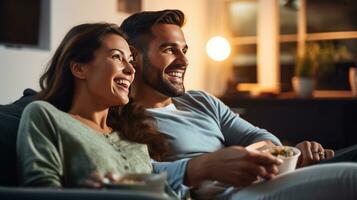 ai generado un joven Pareja participación manos mientras sentado en un sofá, acecho un romántico comedia en televisión foto